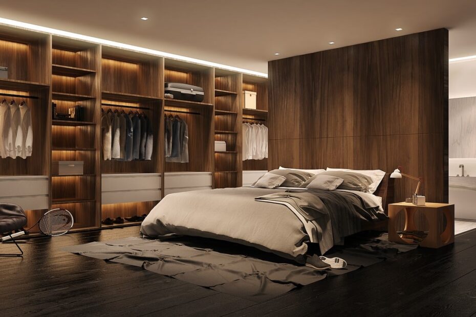 ypialnia z meblami na wymiar, elegancka zabudowa z oświetleniem LED.